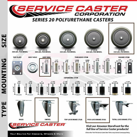 Service Caster 6'' Gray Poly Swivel 7/16'' Grip Ring Stem Caster Set with Brake, 4PK SCC-GR20S614-PPUB-PLB-716138-4